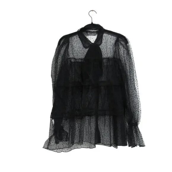 Women's Size M Bow Tie Dotted Mesh Tiered Black Long Sleeve Blouse - Picture 1 of 4